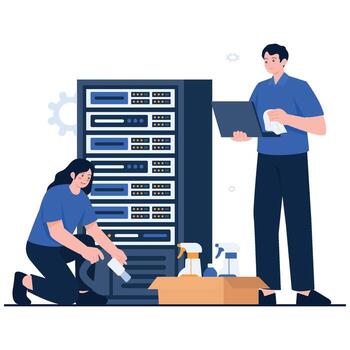 Two administrators cleaning and maintaining server racks with cleaning tools. vector