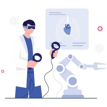 un médico usos virtual realidad equipo y robótico brazos para avanzado médico visualización y simulación. vector