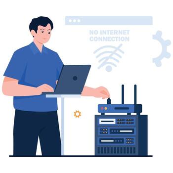 A man using a laptop while plugging a router connected to a server rack with no internet connection sign. vector