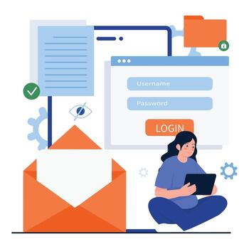 a woman using tablet with secure email login, password protection, and privacy shield. vector