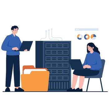 A man and woman working on laptops near a server rack with big folders and graphs. vector