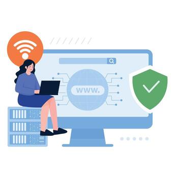 un mujer utilizando un ordenador portátil con un seguro Internet conexión y proteccion proteger vector