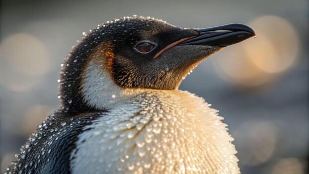 Young penguin with water droplets on feathers close up in soft light showing tuxedo pattern and detailed texture of plumage photo