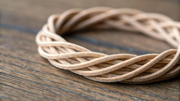 Elastic hair bands arranged in circle on wooden surface showing texture and natural color with soft lighting creating calm mood photo