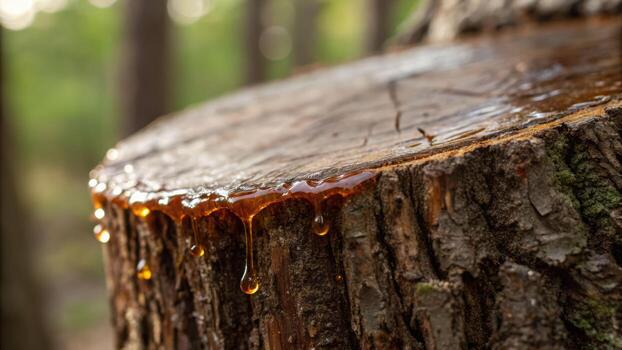 Agarwood resin dripping from cut surface of tree trunk in natural forest setting with warm sunlight creating peaceful mood photo