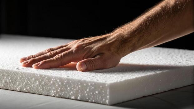 Hand pressing soft white styrofoam sheets showing texture and material in close up view with natural light photo