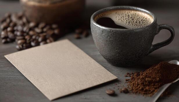 Cup of aromatic black coffee with scattered beans and ground coffee on the table with white empty mockup blank for text and message. Background for coffee lovers and cafes photo