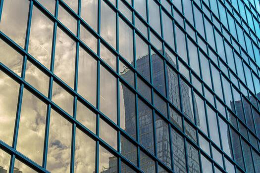 The reflection of a skyscraper and clouds in the glass panels of a building creates a captivating visual effect. photo