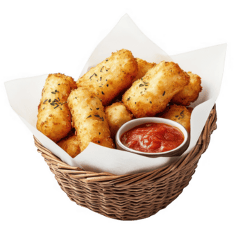 uma cesta preenchidas com frito queijo Gravetos e uma pequeno tigela do ketchup png