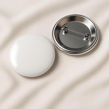 Blank Round Button Badge Mockup on Soft Fabric Background photo