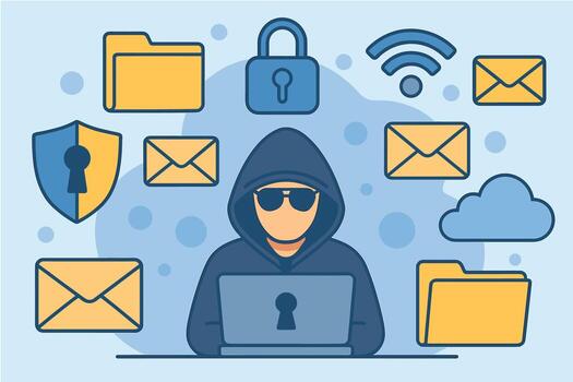 hacker con ordenador portátil rodeado por la seguridad cibernética íconos y datos proteccion vector