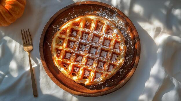A waffle with powdered sugar on top of a plate photo