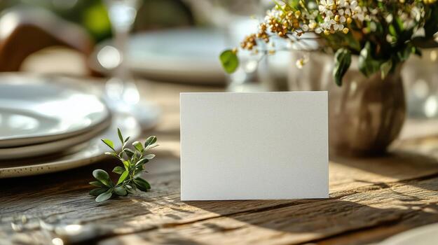 A blank card sits on a table with plates and silverware photo