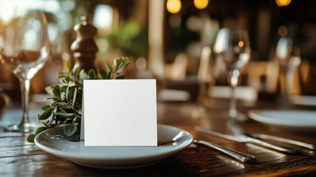 A blank card on a plate on a table photo