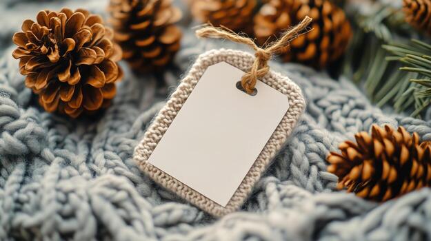 Blank tag on a knitted sweater with pine cones photo