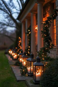 A row of lanterns on the front porch of a house photo