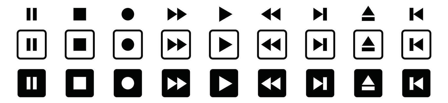 Play button icons symbol. Music media player. Contains pause, stop, record, speed up, next, previous, replay, shuffle, multimedia, control. Illustration vector