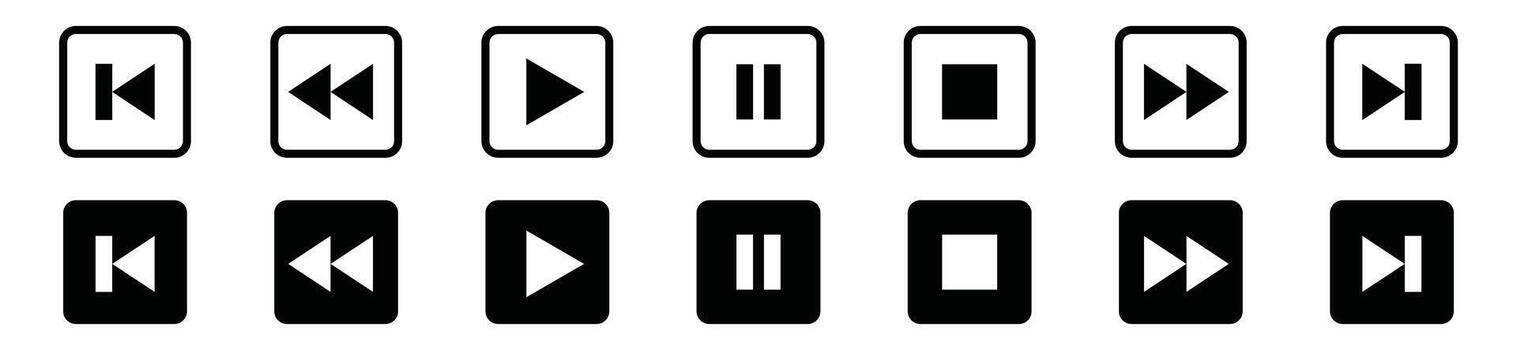 Play button icons. Music media player symbol. Contains pause, stop, record, speed up, next, previous, replay, shuffle, multimedia, control. Illustration vector