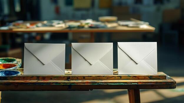 Three white envelopes on a table with paint and brushes photo