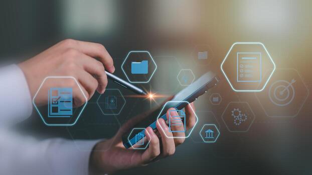 mano participación teléfono inteligente con digital documento iconos, representando móvil documento gestión, sin papel flujo de trabajo, y datos acceso en moderno digital negocio entornos. foto