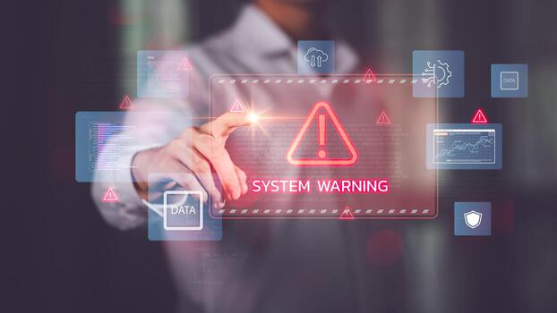 Digital system alert interface with data security warning, cybersecurity threat detection, and technology risk prevention, emphasizing protection, hacking prevention, and network monitoring. photo