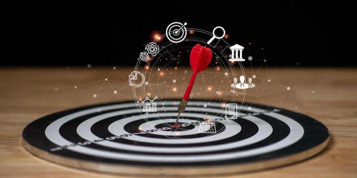 Business concept image with dart hitting bullseye and icons of analytics, growth, and planning, representing financial goals, strategy execution, and data-driven results. photo