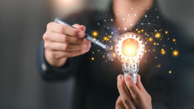 Technology and innovation concept showing illuminated light bulb with integrated gears, representing smart ideas, digital transformation, system development, and future business creativity. photo