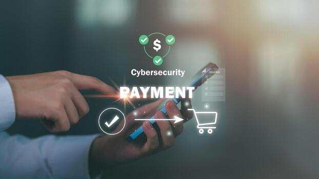 Cybersecurity mobile payment concept showing secure transaction process, data encryption, fraud prevention, and safe online shopping for e-commerce and financial services, digital banking. photo