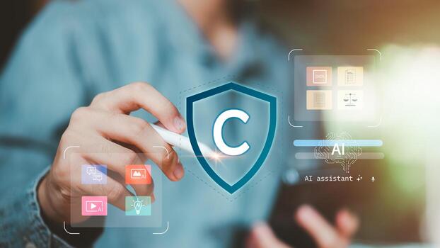 Digital copyright protection ,AI assistant integration futuristic interface icons ,Focus secure content creation, data governance, intellectual property, artificial intelligence connected smart system photo