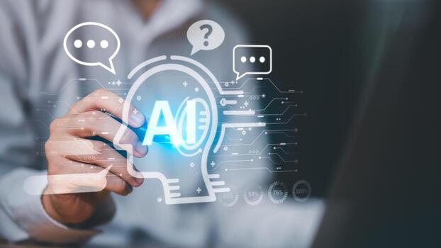 Artificial intelligence concept with digital brain and AI letters, speech bubble icons, and circuit board design, representing machine learning, chatbot communication, and smart technology innovation photo