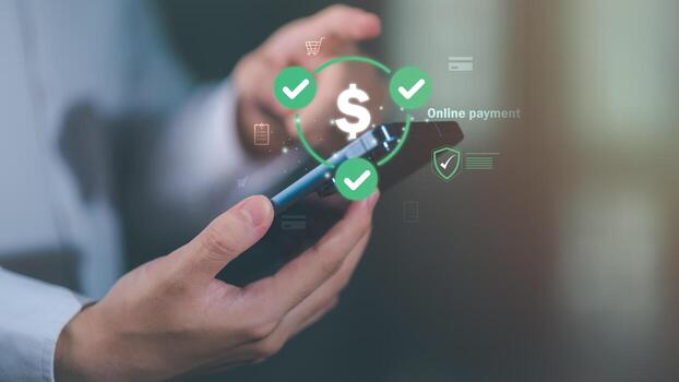 Secure online payment concept using mobile device with check mark icons and digital protection graphics, encrypted transactions, fraud prevention, safe shopping for e-commerce ,financial services. photo