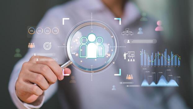 People icon with analytics and data visualization elements, representing customer analysis, target audience research, marketing strategy, data-driven decision-making for sustainable business growth photo