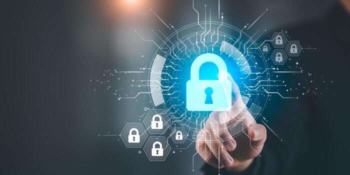 Cybersecurity concept with hand touching digital padlock icon, representing data protection, secure access, and online privacy in futuristic interface. Ideal for IT security content. photo