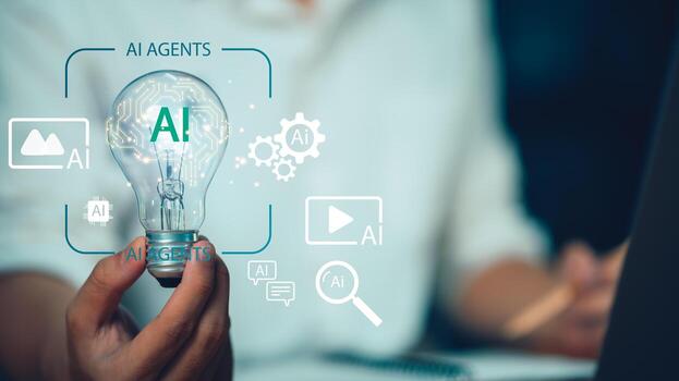 AI text with digital icons representing AI agents, symbolizing artificial intelligence innovation, automation, and intelligent solutions for advanced technology and business applications. photo