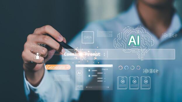 Artificial intelligence prompt generation with futuristic interface showing data command input, machine learning, automation, chat AI, digital transformation technology in modern business innovation. photo