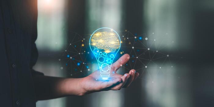 creativo tecnología idea con brillante digital bombilla, Inspirado en la IA circuito patrones, y engranaje símbolos, representando tecnología innovación, futurista pensamiento, máquina aprendiendo, y digital transformación foto