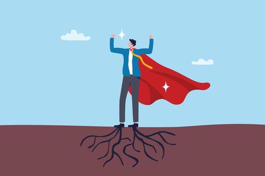 Resilience, strength to survive crisis problems, endurance or vitality to recover from trouble, perseverance or flexibility to change concept, businessman super hero with strong roots as resilience. vector