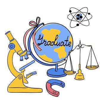 Education illustration with globe, microscope, magnet, scales and atom symbol in hand drawn style, with the word graduate written on the globe. Concept of science, learning vector
