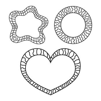 Set of mosaic frames or boards. White and black colors. Three different frames. Heart, circle and wavy frame isolated on white background. vector