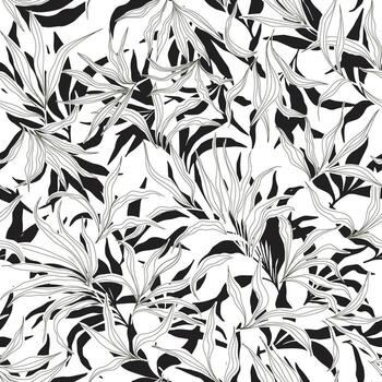 A black and white pattern featuring intricate, stylized leaves on a white background, creating a dynamic botanical design, surface design can use in dress, pillow, curtains. vector