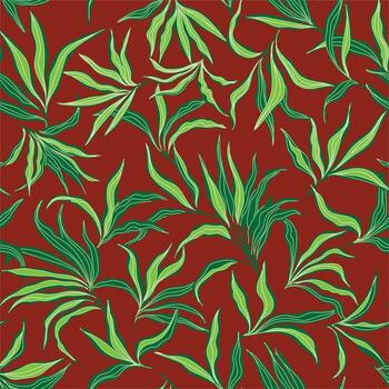 A beautiful decorative print pattern of green leaves with dark green outlines on a warm brown background, showcasing a lively botanical design, surface design can use in pillow, dress, scarf. vector