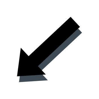 Bold black arrow pointing diagonally down and left with a subtle grey drop shadow. vector