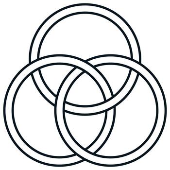 Three interlocking rings forming a symmetrical Borromean knot a black outline graphic symbol of unity. vector