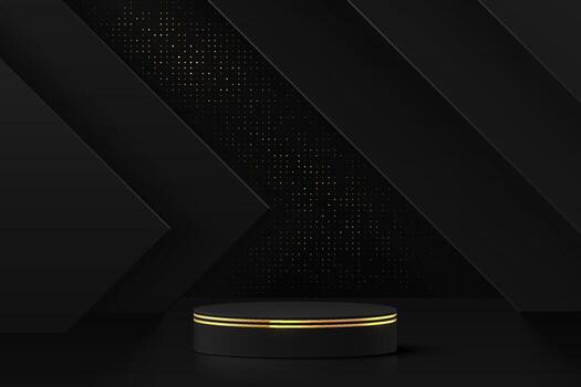 Abstract 3D room with realistic black cylinder pedestal podium in luxury glitter and geometric backdrop. Minimal scene for product display presentation. geometric platform. Stage for showcase. vector