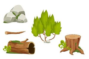 rocks, logs, and green bushes vector