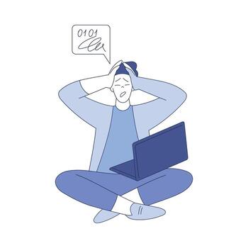 Confused Man Sitting with Laptop Computer Programming Illustration vector