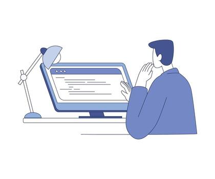 hombre sentado a escritorio con computadora programación ilustración vector