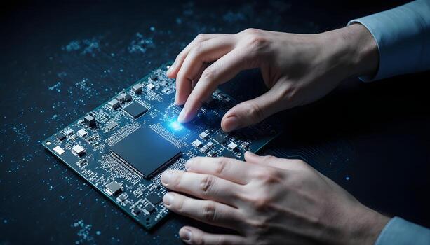 Hands Installing Microchip on Circuit Board photo