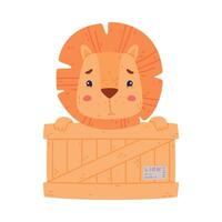 Funny Lion Character with Mane Sitting in Wooden Crate with Sad Face Illustration vector