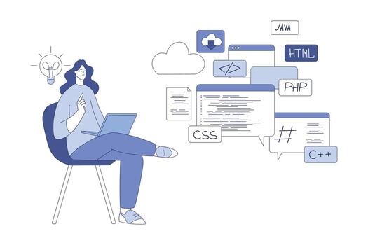 Woman Sitting with Laptop Computer Programming Illustration vector